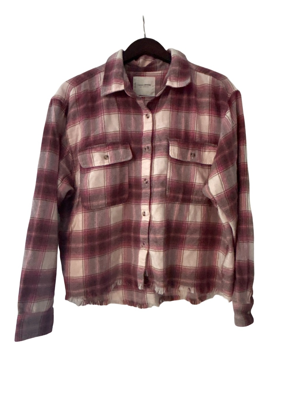 Lucky Brand Oversized Pink Plaid Fray Hem Flannel Shirt Size L Grunge Utility